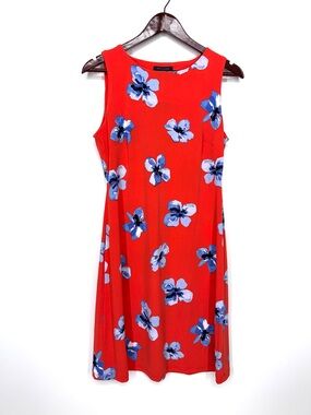 Tommy Hilfiger Large Blue Flower Print Vibrant Orange Sleeveless Shift Dress
